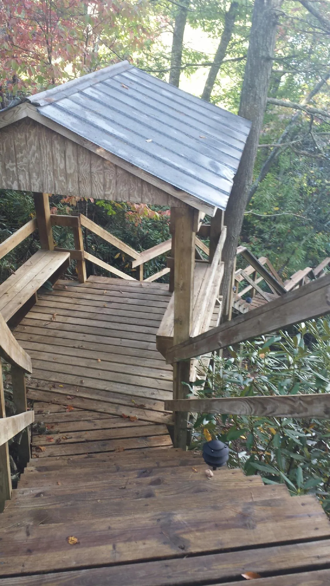 Metal roofed shelter over wooden steps on a wooded walkway — Skylight Repair & Installation work by our crew in Torrey